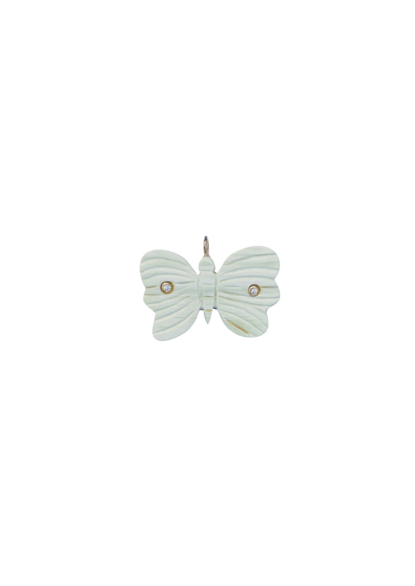 Butterfly-shaped necklace charm with a white background