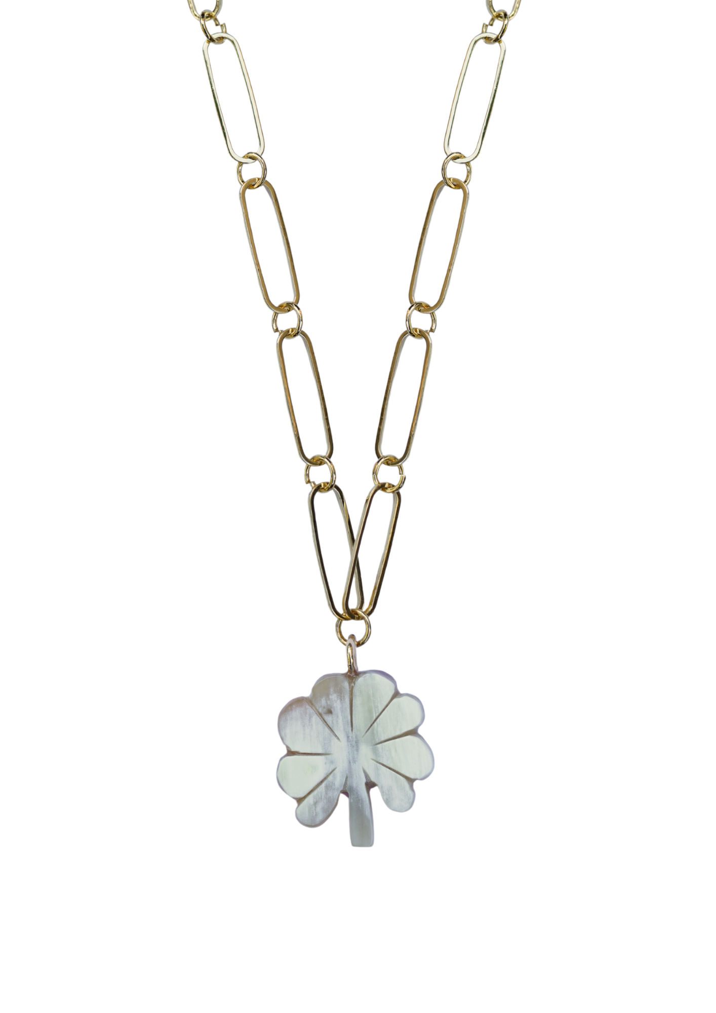 Gold chain necklace with a clover-shaped pendant on a white background