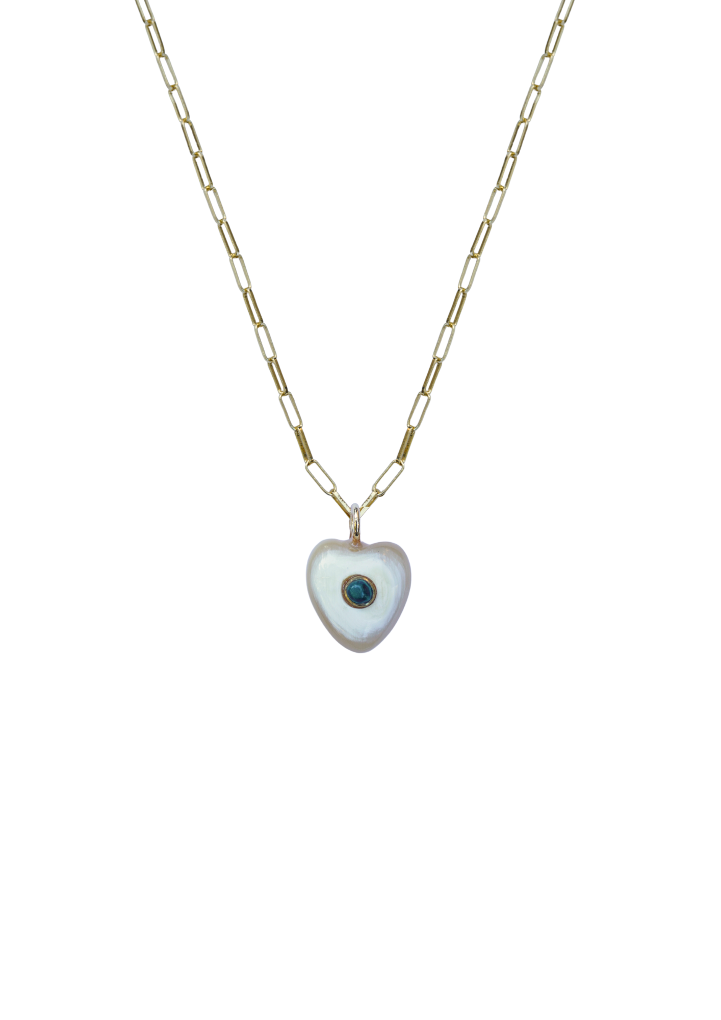Mini Heart-shaped pendant necklace with a blue gemstone on a thin chain against a white background