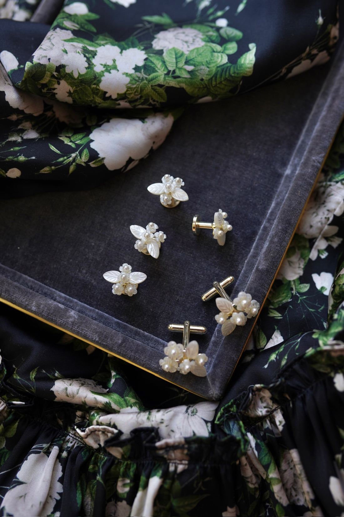 Mother of Pearl Flower Studs + Cufflinks Set