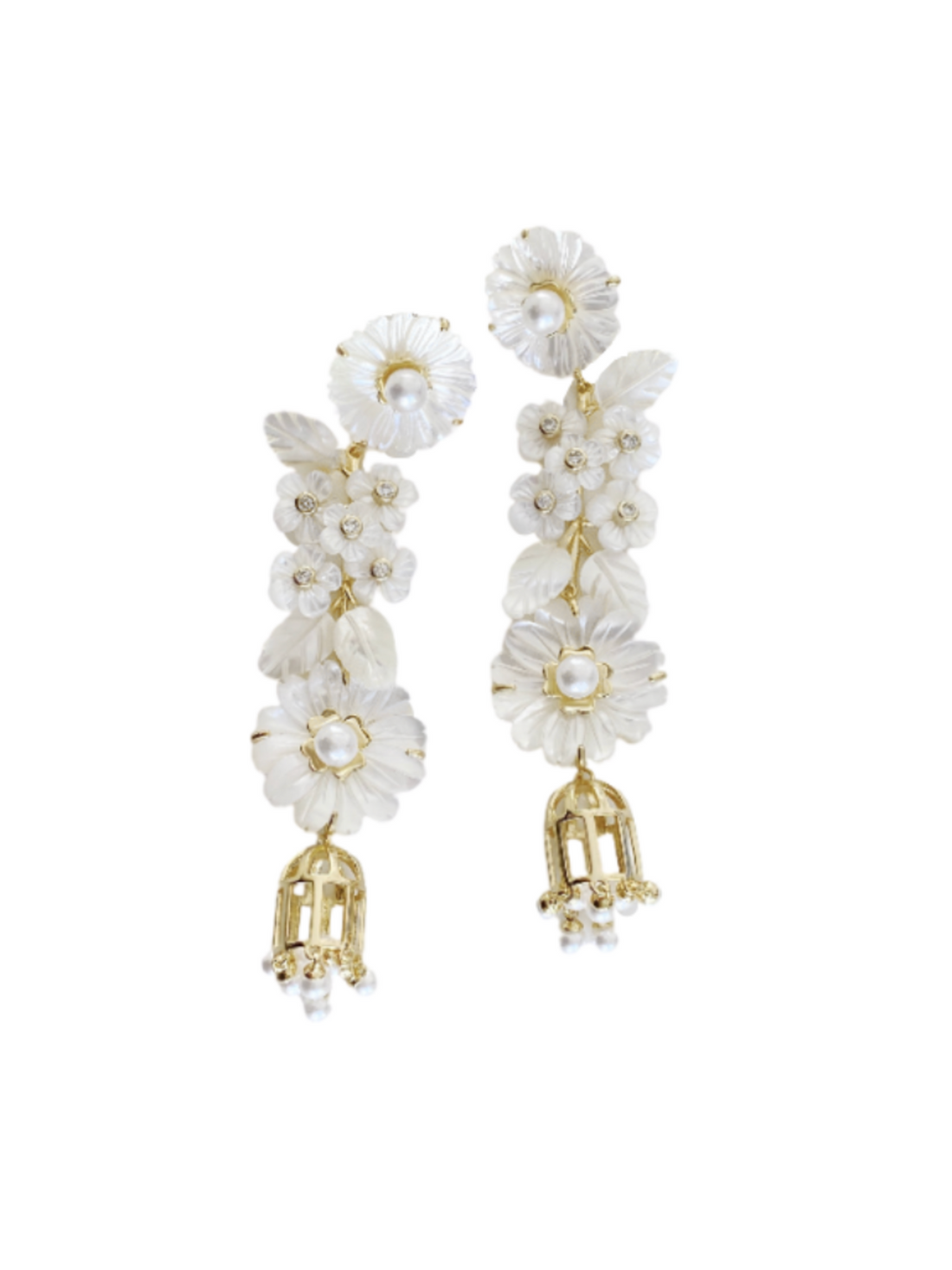 mother of pearl + pearl + bird cage earrings
