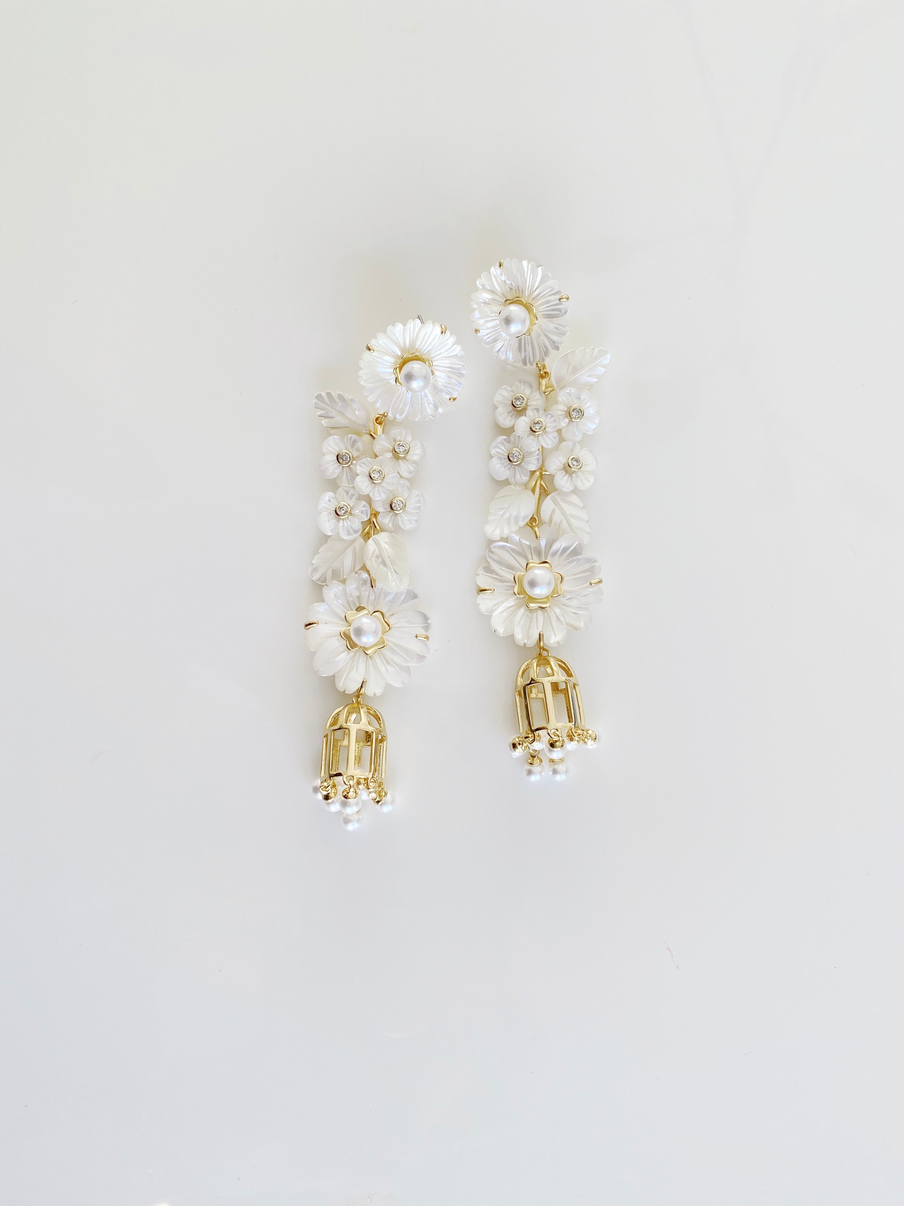mother of pearl + pearl + bird cage earrings