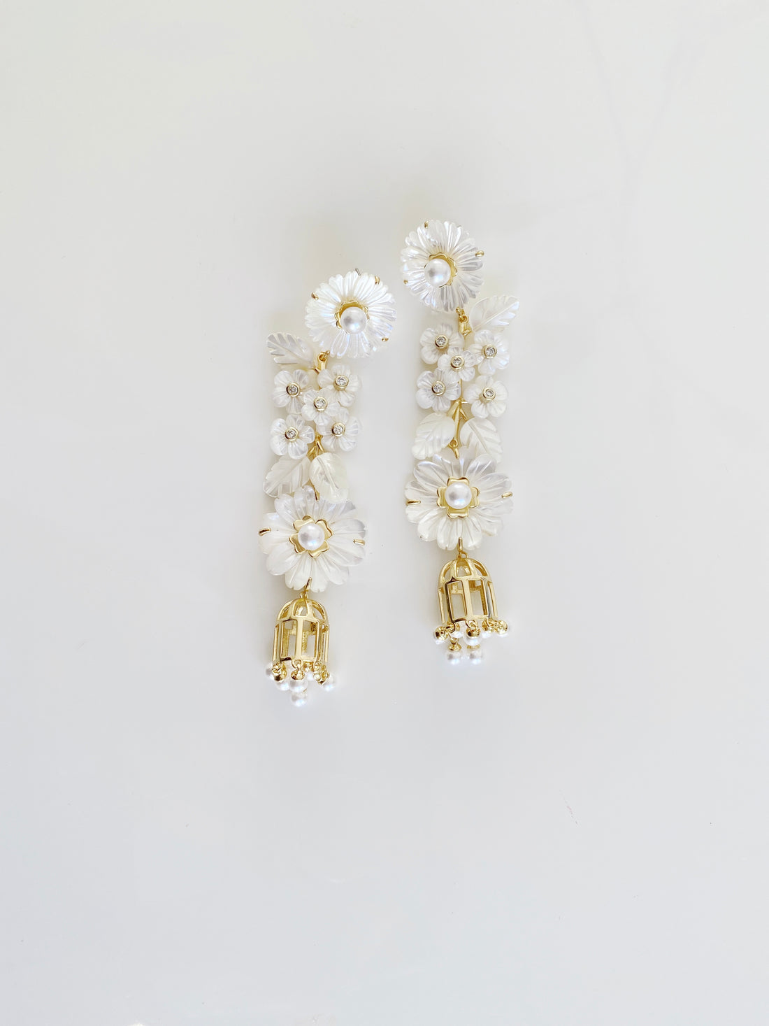 mother of pearl + pearl + bird cage earrings