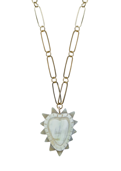 Necklace with a heart-shaped hand carved pendant on a white background