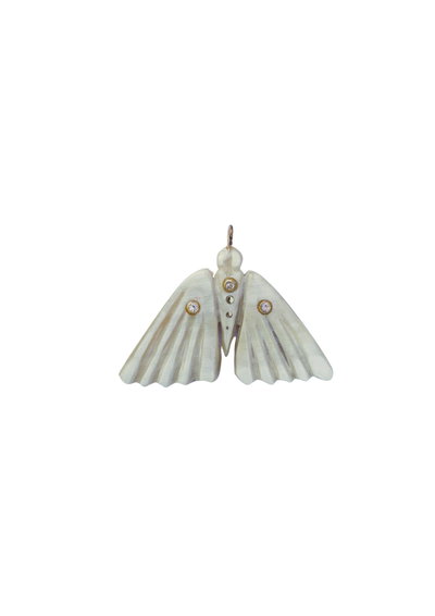 Shell-shaped dragonfly earrings with gold accents on a white background
