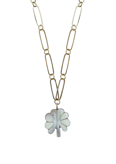 Gold chain necklace with a clover-shaped pendant on a white background