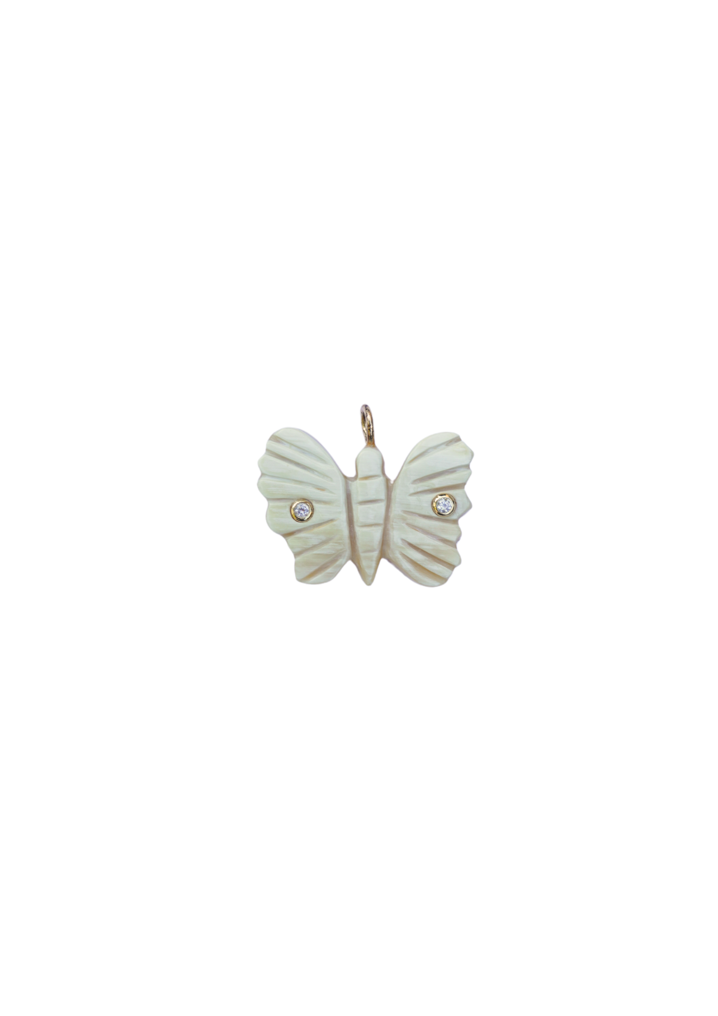 Butterfly-shaped necklace charm with gemstones on a white background