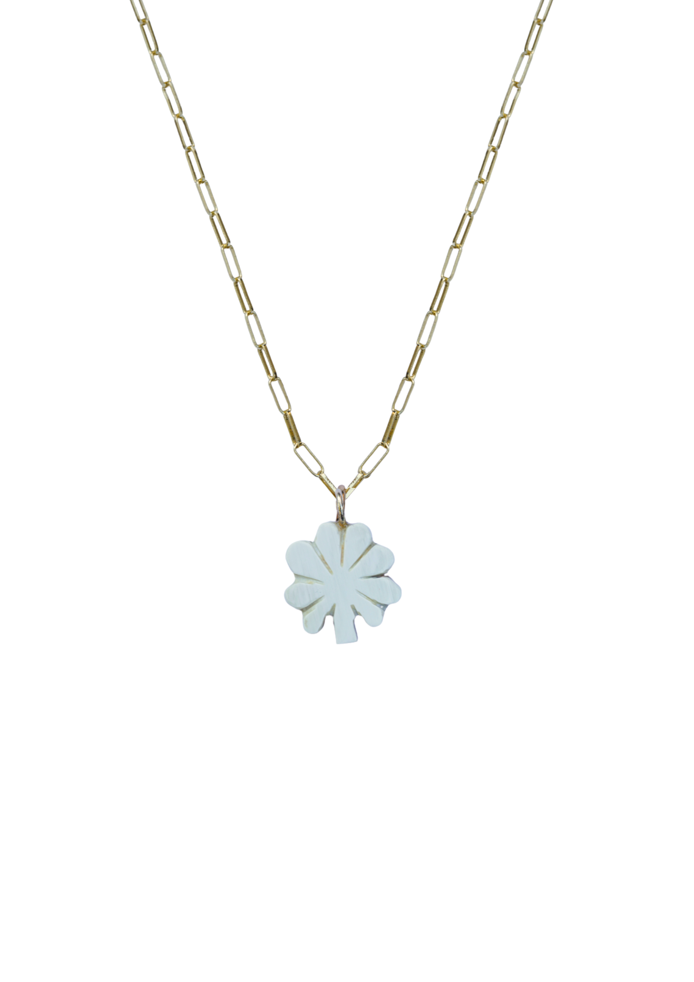Necklace with a light blue clover-shaped pendant on a white background