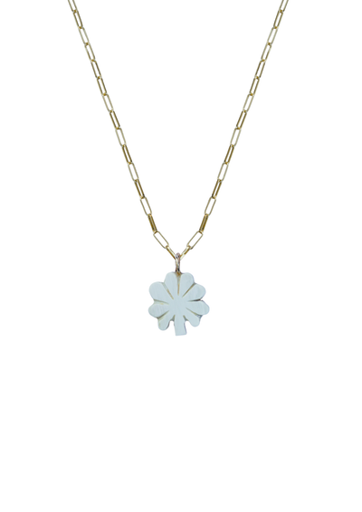 Necklace with a light blue clover-shaped pendant on a white background