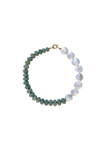 Limited Edition: Freshwater Pearl Coin & Carved Aquamarine Necklace