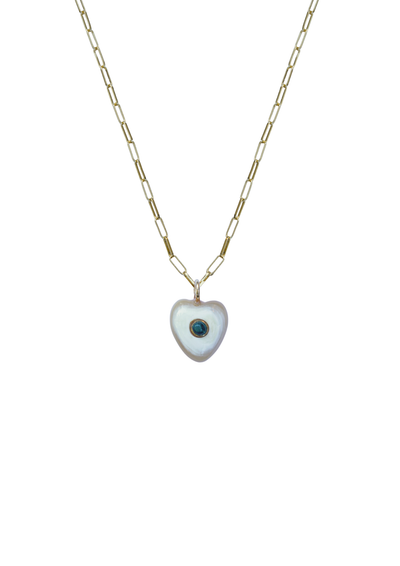 Mini Heart-shaped pendant necklace with a blue gemstone on a thin chain against a white background