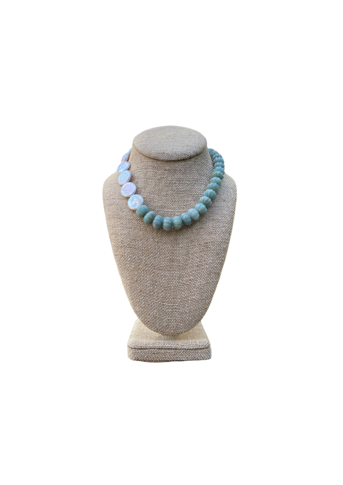 Limited Edition: Freshwater Pearl Coin & Carved Aquamarine Necklace
