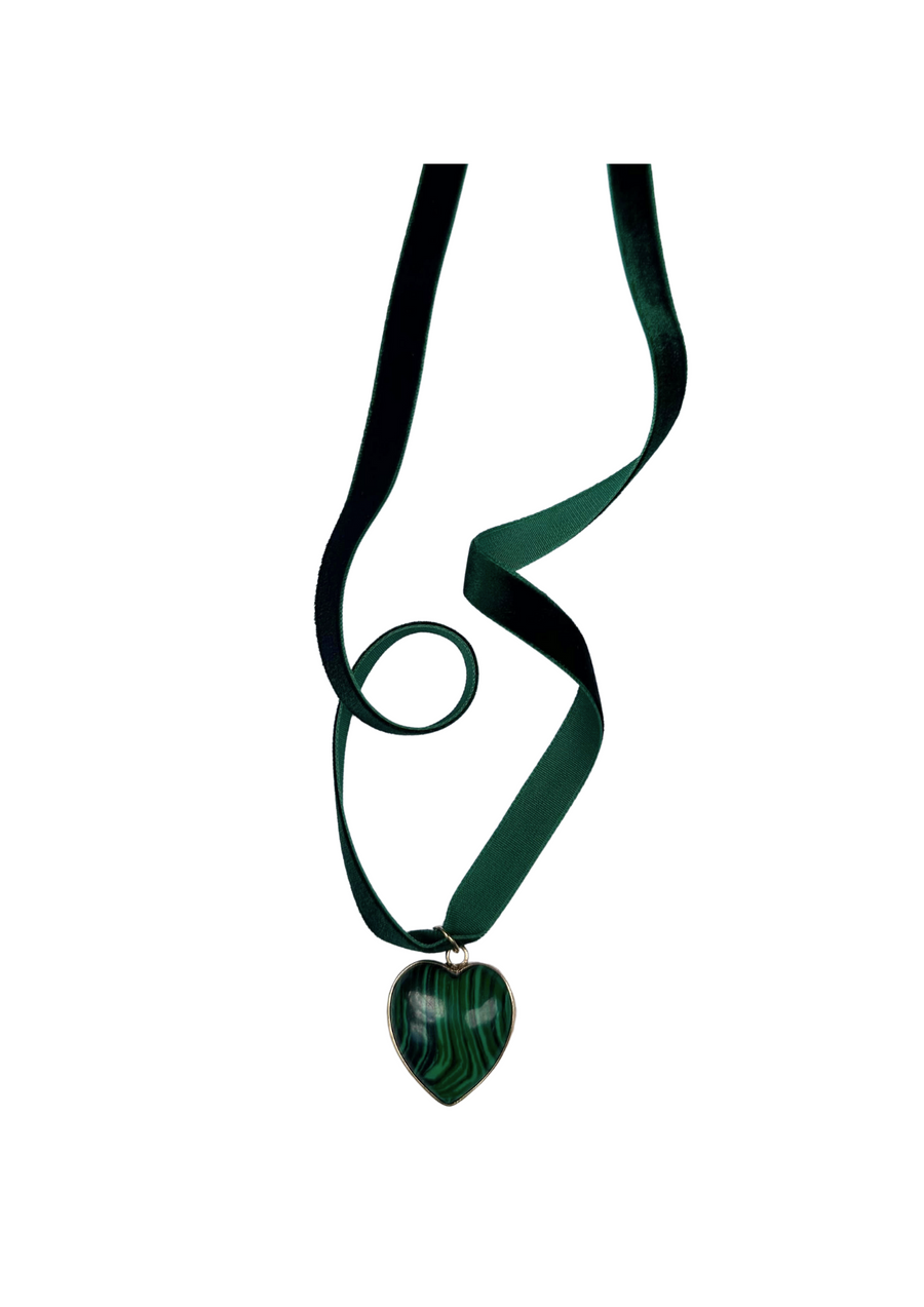 Emerald Velvet & Green & Malachite Heart Drop Choker