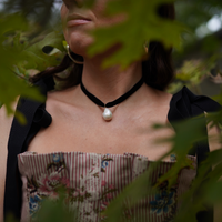 Noir Velvet & Freshwater Pearl Drop Choker