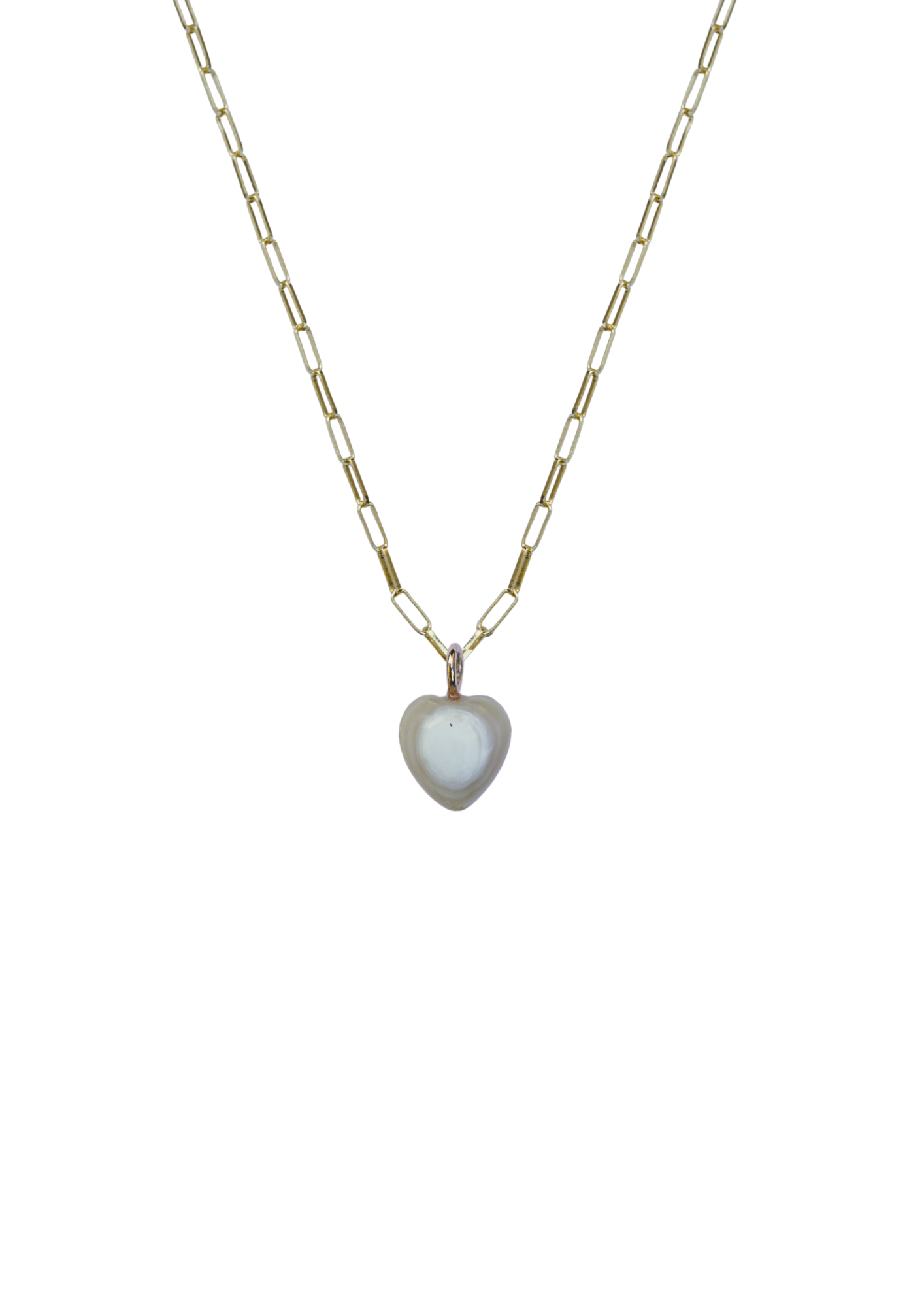 Gold paper clip necklace with a heart-shaped pearl-like pendant on a thin chain against a white background