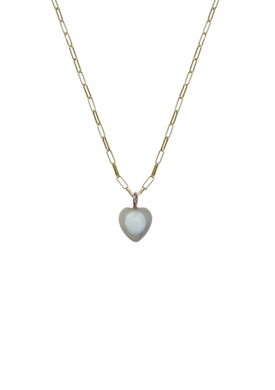 Gold paper clip necklace with a heart-shaped pearl-like pendant on a thin chain against a white background