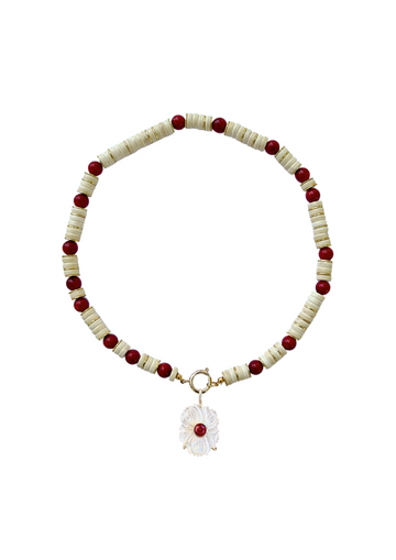 One of a Kind: Ivory Howlite & Red with Mother of Pearl Flower Charm