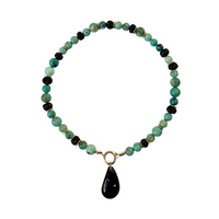 One of a Kind: Peruvian Turquoise & Wood Necklace & Black Onyx Embellished Charm