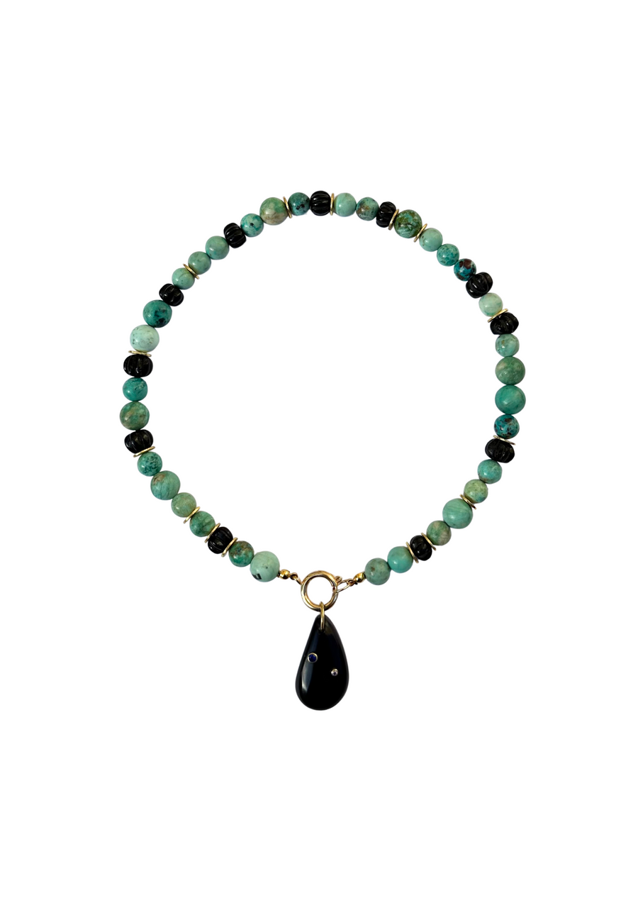 One of a Kind: Peruvian Turquoise & Wood Necklace & Black Onyx Embellished Charm