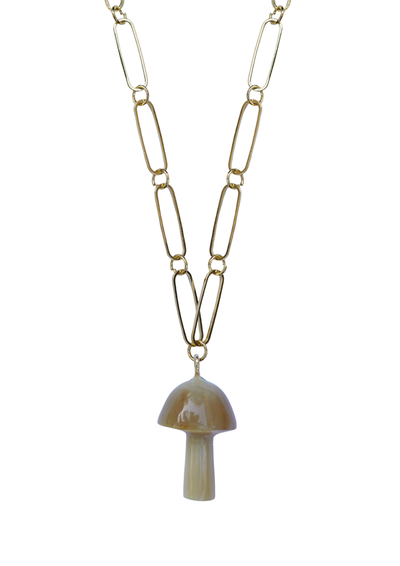 Gold paper clip chain necklace with a mushroom pendant charm 