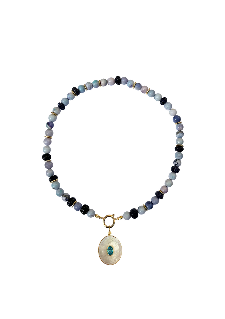 One of a Kind: Opal Beaded Necklace & Moonstone and Blue Topaz Charm