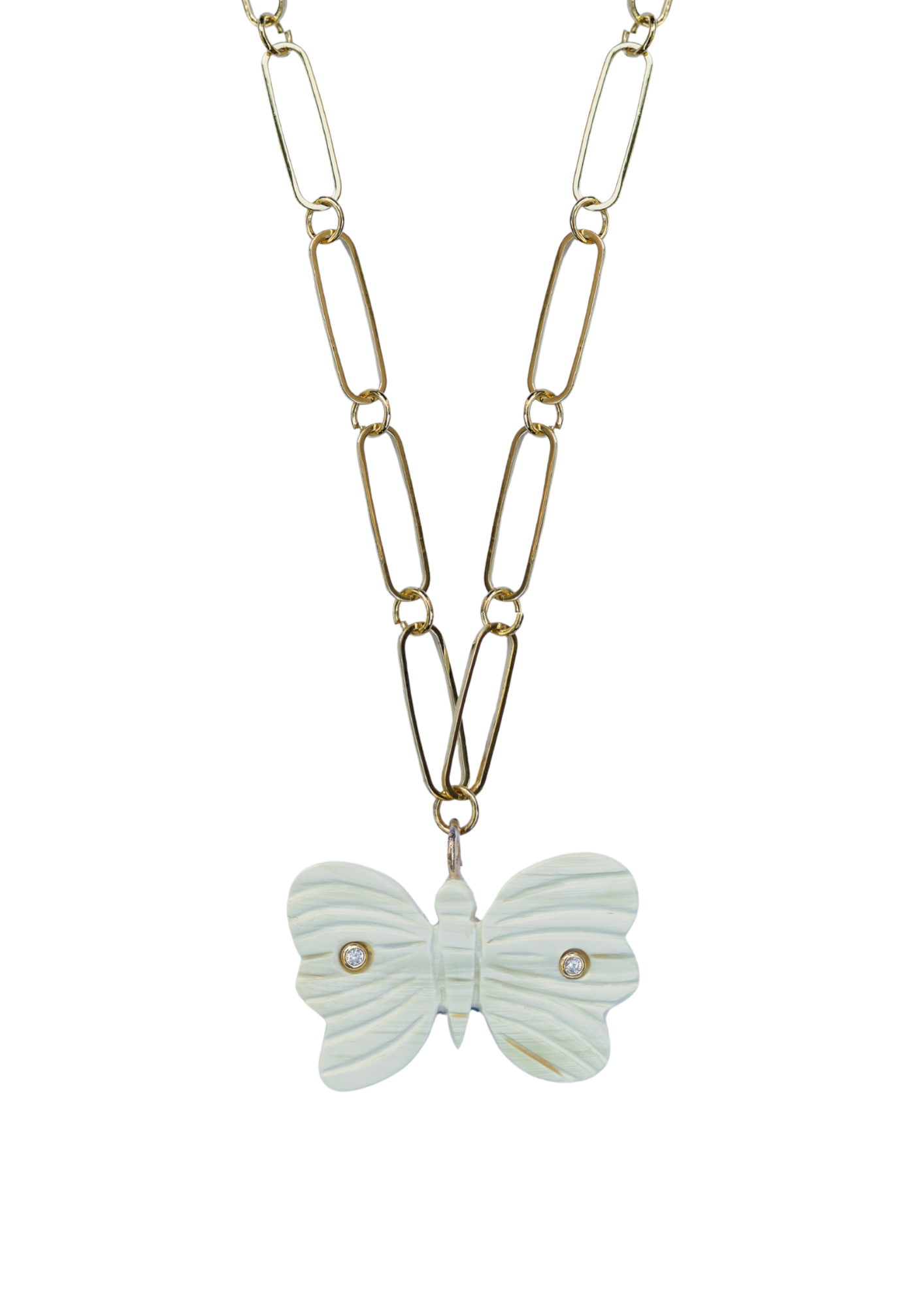 Gold chain necklace with a butterfly pendant on a white background