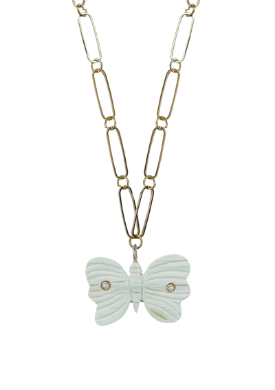 Gold chain necklace with a butterfly pendant on a white background