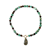 One of a Kind: Turquoise & Wood Necklace & Dalmatian Jasper Embellished Charm