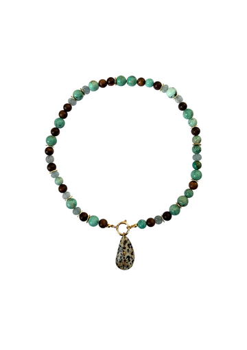 One of a Kind: Turquoise & Wood Necklace & Dalmatian Jasper Embellished Charm