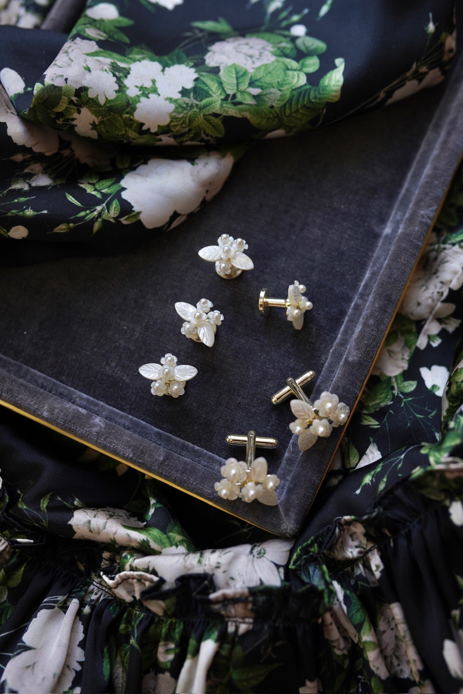 Alexander Mother of Pearl Flower Studs + Cufflinks Set