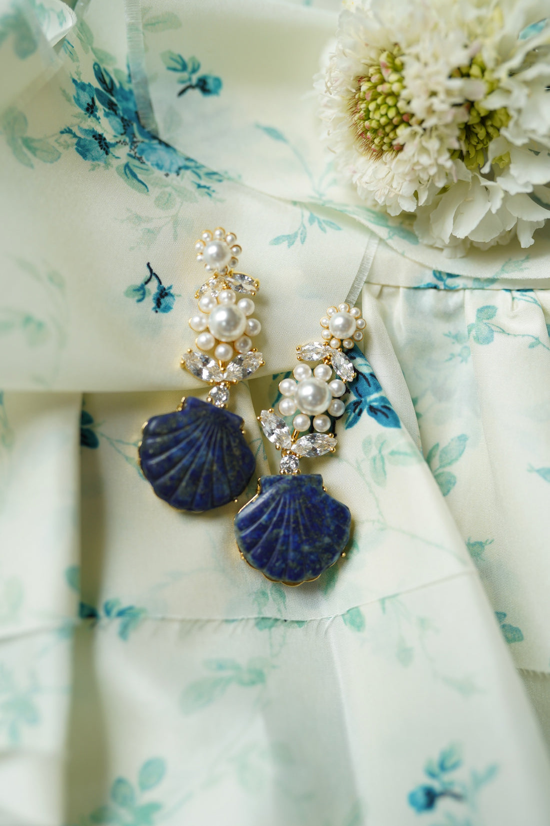 Pearly Flower and Lapis Blue Seashell Drops