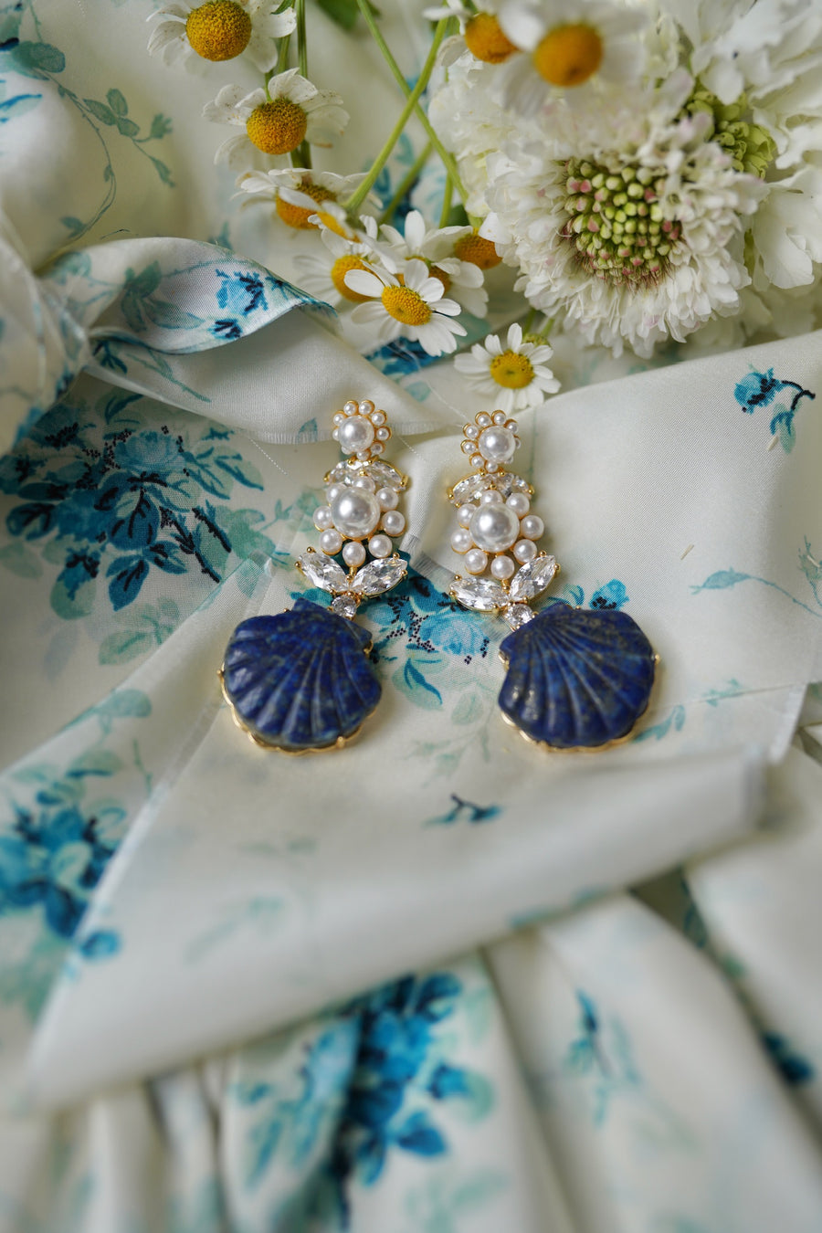 Pearly Flower and Lapis Blue Seashell Drops