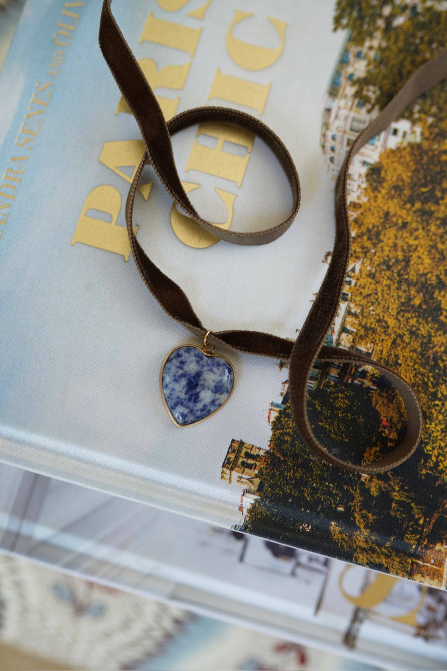 Hazelnut Velvet & Lapis Heart Drop Choker