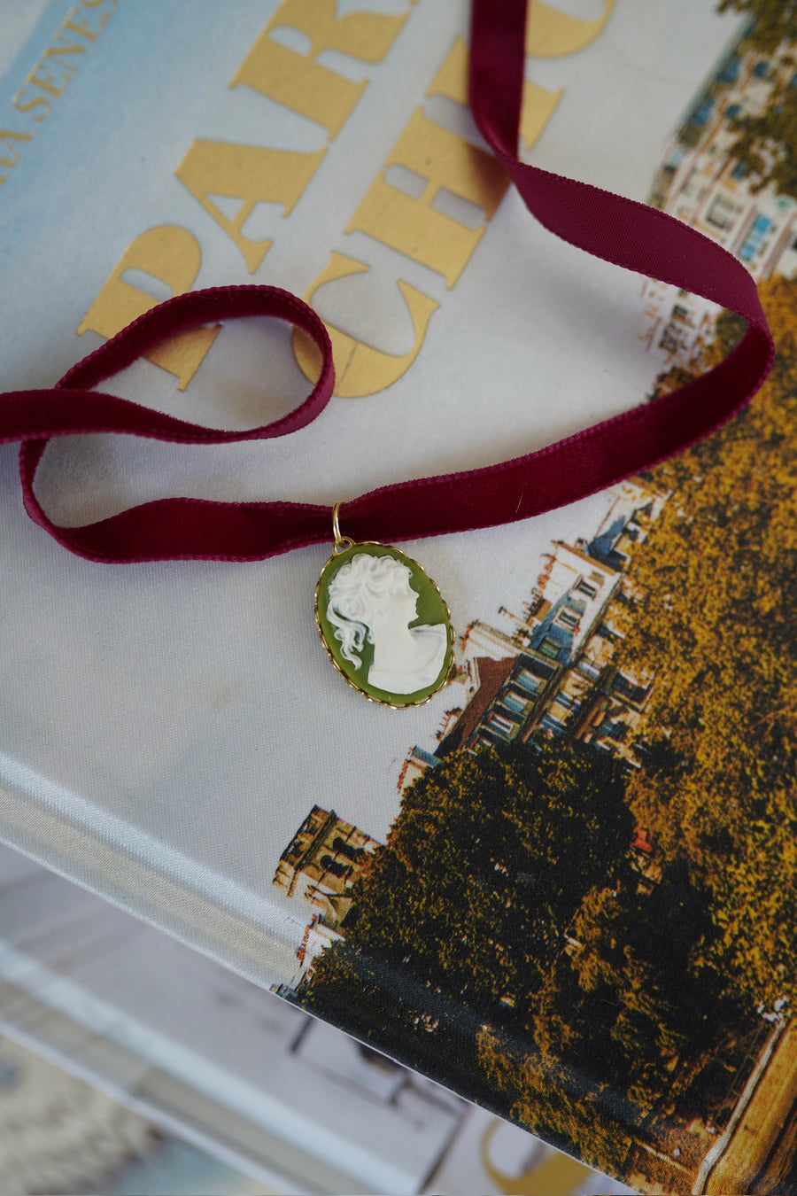 Bordeaux Velvet & Sage Cameo Drop Choker