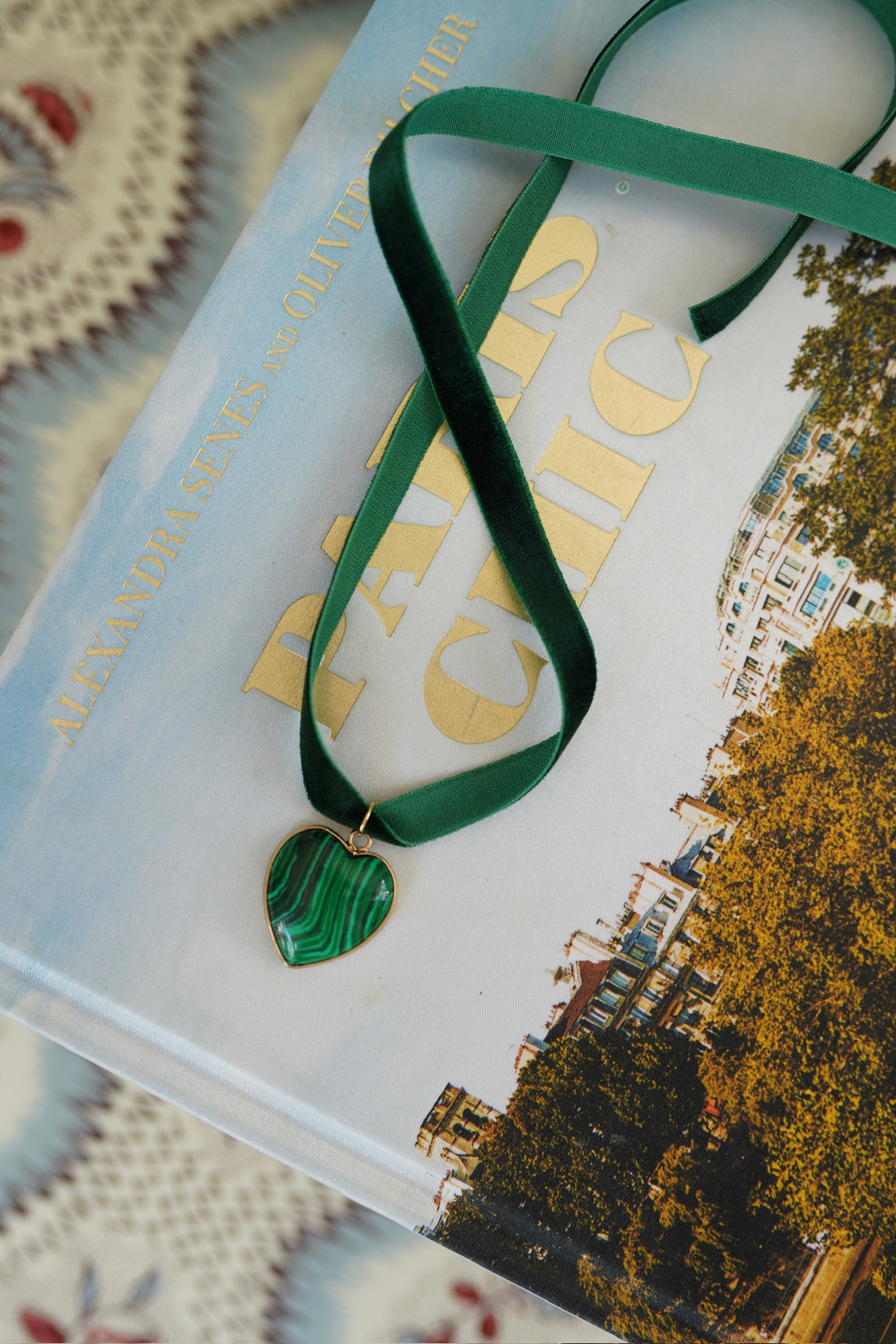 Emerald Velvet & Green & Malachite Heart Drop Choker