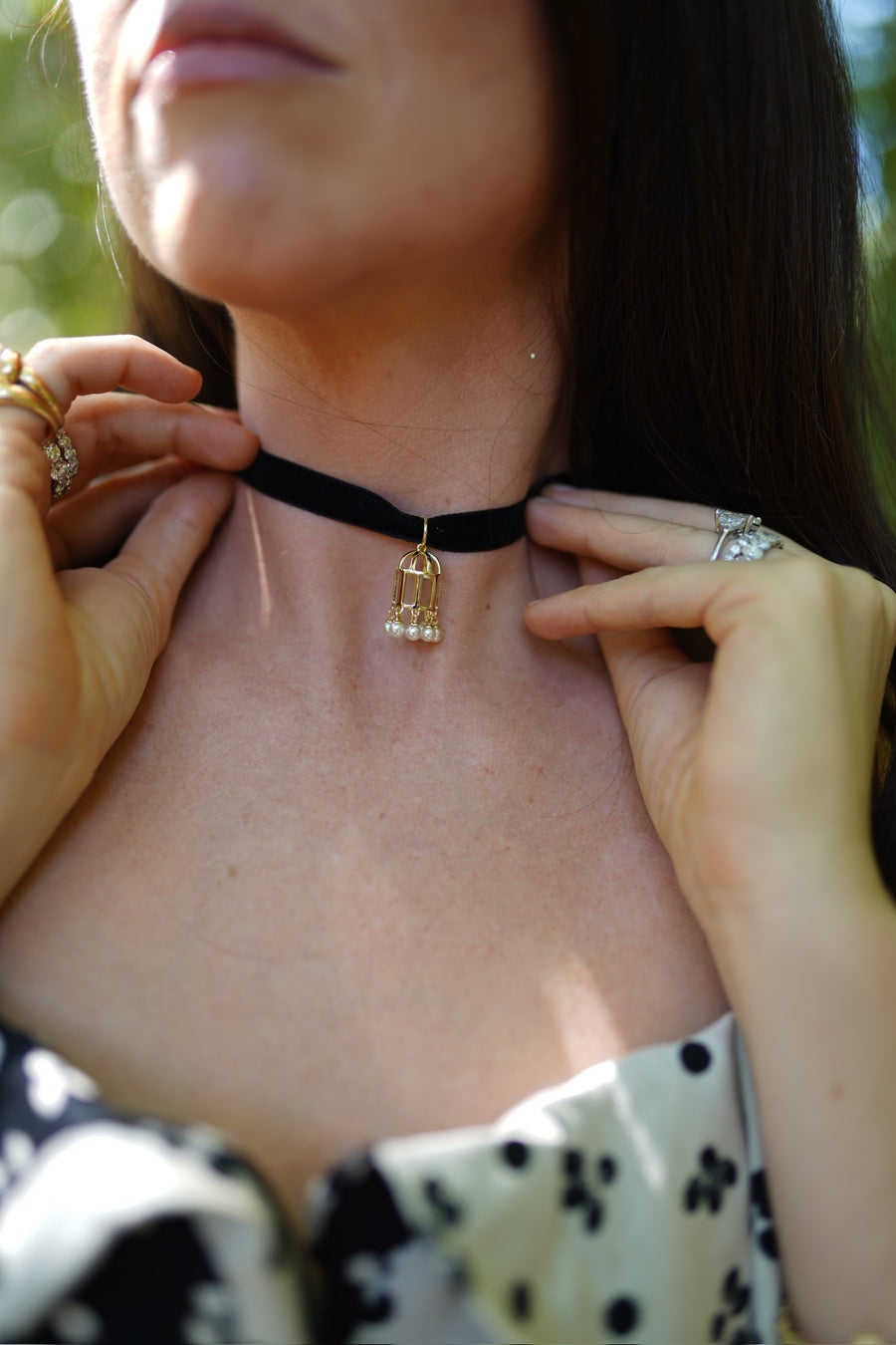 Noir Velvet & Golden Birdcage Choker