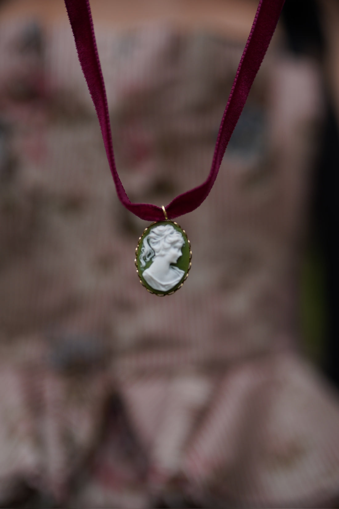 Bordeaux Velvet & Sage Cameo Drop Choker