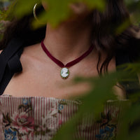 Bordeaux Velvet & Sage Cameo Drop Choker