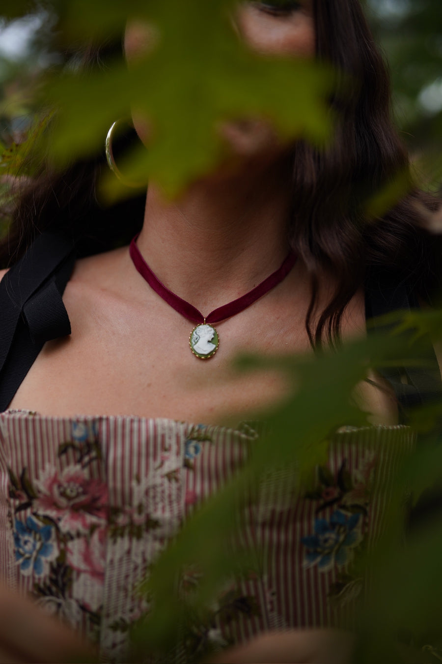 Bordeaux Velvet & Sage Cameo Drop Choker