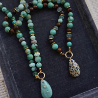 One of a Kind: Turquoise & Wood Necklace & Dalmatian Jasper Embellished Charm