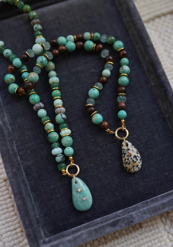 One of a Kind: Turquoise & Wood Necklace & Dalmatian Jasper Embellished Charm