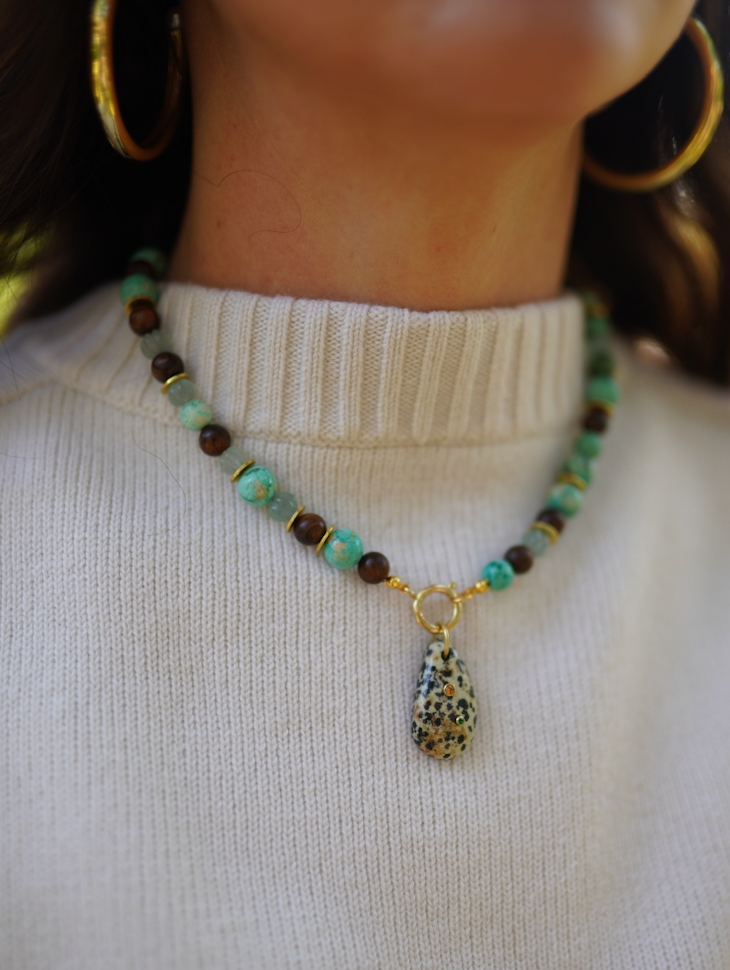 One of a Kind: Turquoise & Wood Necklace & Dalmatian Jasper Embellished Charm