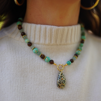 One of a Kind: Turquoise & Wood Necklace & Dalmatian Jasper Embellished Charm