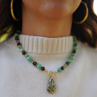 One of a Kind: Turquoise & Wood Necklace & Dalmatian Jasper Embellished Charm