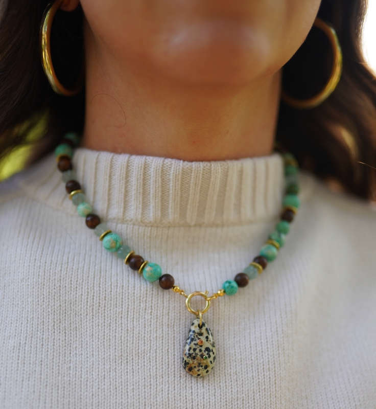 One of a Kind: Turquoise & Wood Necklace & Dalmatian Jasper Embellished Charm