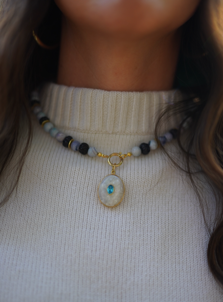 One of a Kind: Opal Beaded Necklace & Moonstone and Blue Topaz Charm