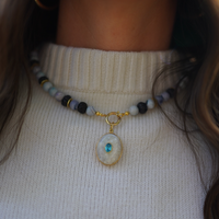 One of a Kind: Opal Beaded Necklace & Moonstone and Blue Topaz Charm