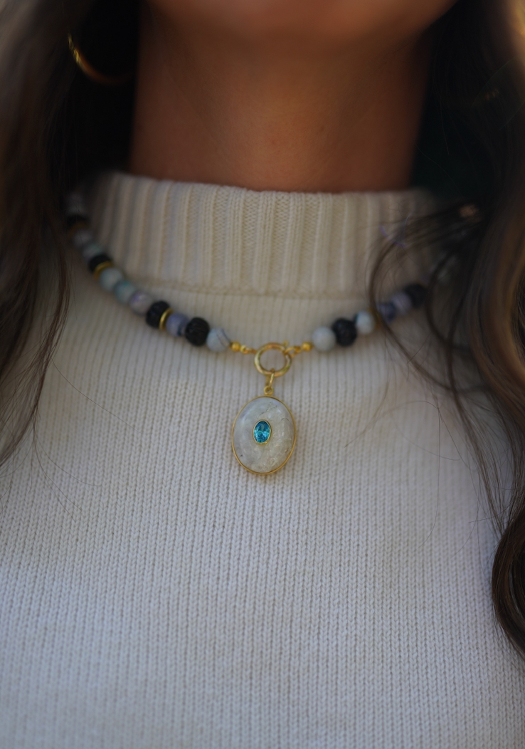 One of a Kind: Opal Beaded Necklace & Moonstone and Blue Topaz Charm