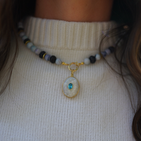 One of a Kind: Opal Beaded Necklace & Moonstone and Blue Topaz Charm