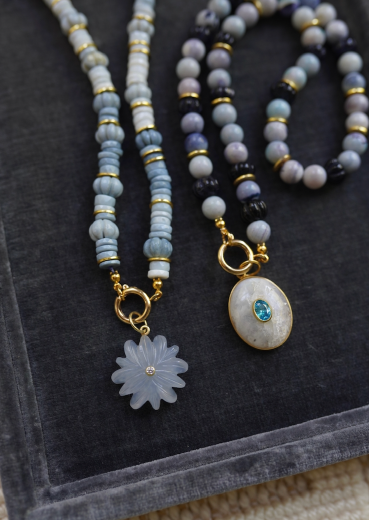 One of a Kind: Opal Beaded Necklace & Moonstone and Blue Topaz Charm